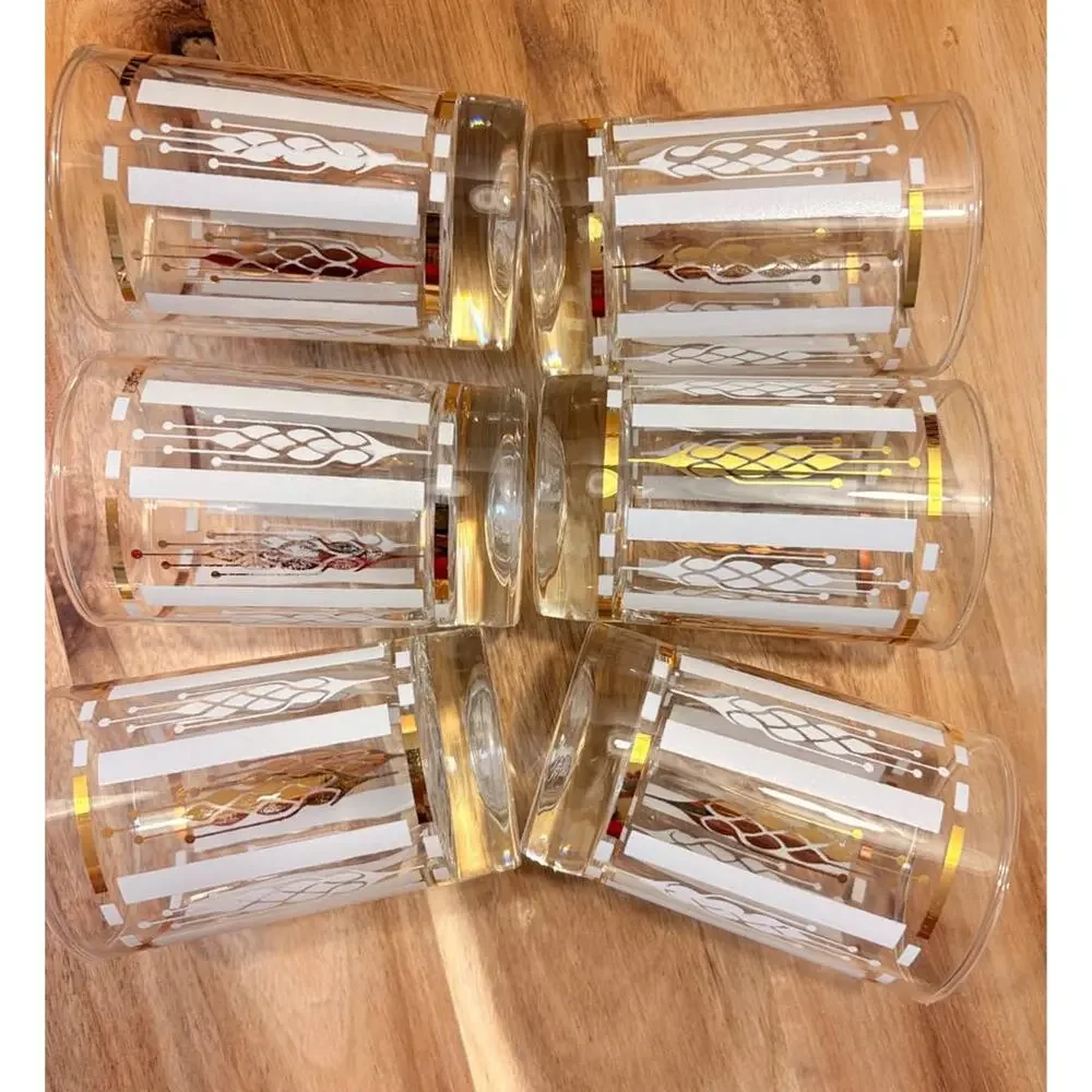 Set of 6 Vintage White Gold Wheat Pattern Tumblers Glasses